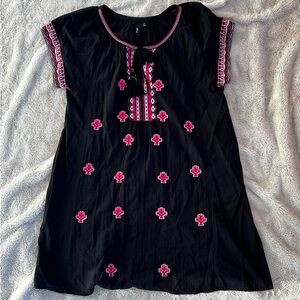 Ellos Black Boho Embroidered Peasant Kaftan with Tassels Black Pink White 18/20